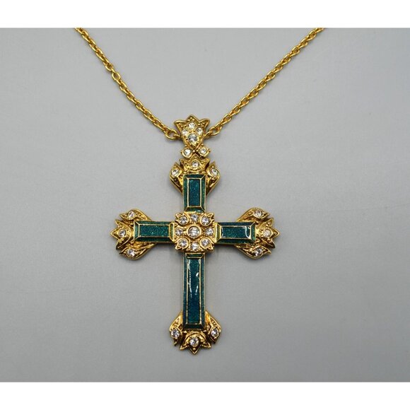 Ciro Thailand Gold Tone Cross Pendant Necklace w/ Green Inlay 19" Chain - Picture 1 of 9
